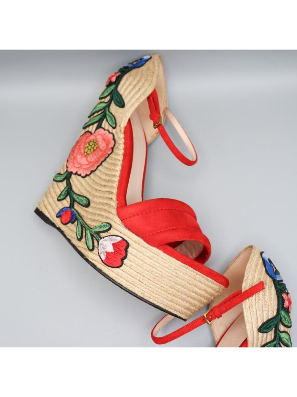 Gucci Ophelia Hibiscus Red Suede Floral Crewel Wedge Platform Espadrille 38 Box - Picture 15 of 16